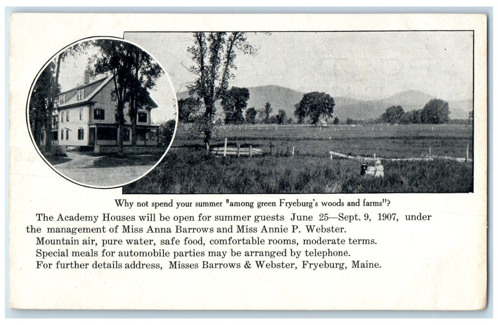 c1905\'s Fryeburg\'s Woods & Farm Academy House Rice Field Fryeburg Maine Postcard