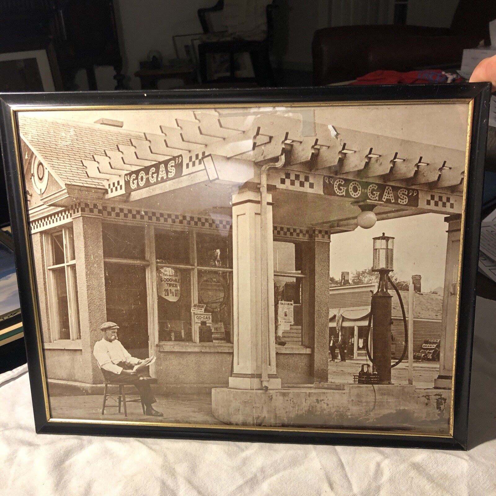 Vintage 1920-30’s Photograph Go-Gas Service Station With Attendant Repro Framed