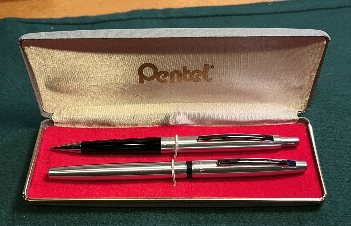 Vintage Pentel Metal Box Set Mechanical Pencil 7 and Ballpoint Pen Light Use