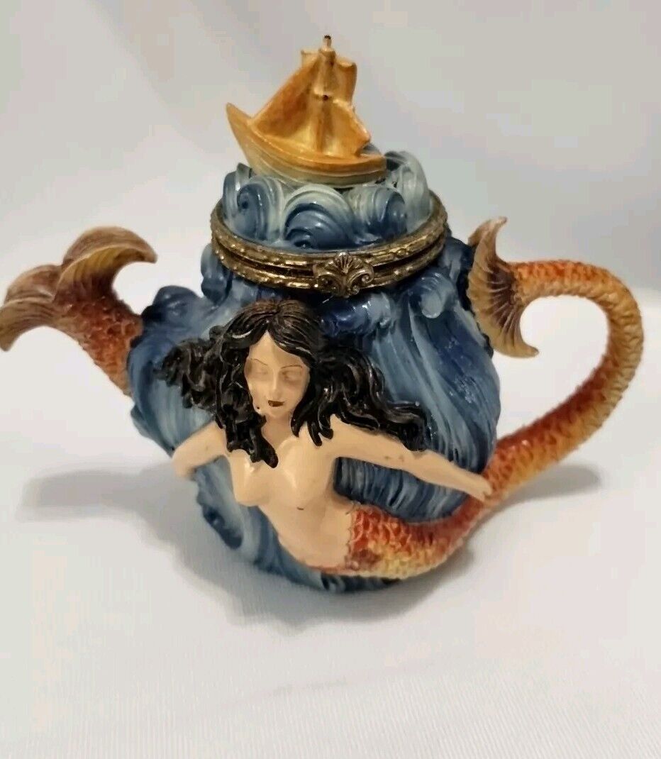 Nini Hand Painted Mini Mermaid Teapot / Trinket Container Made Of Resin