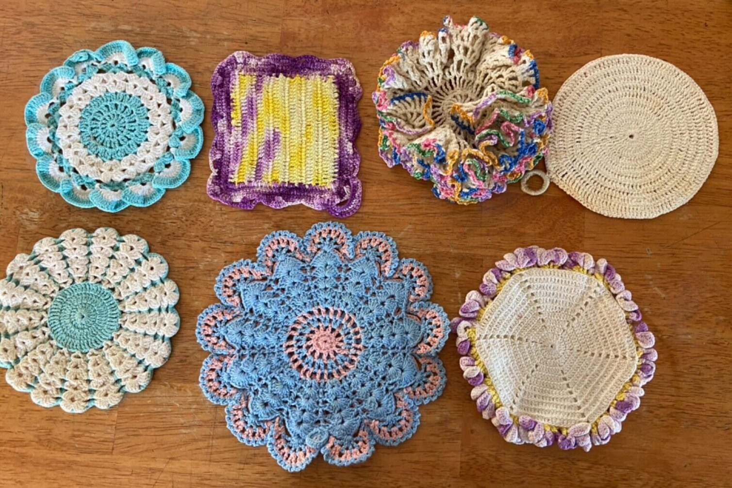 7 Vintage Crochet Potholders- Pinks, Blues, Aqua