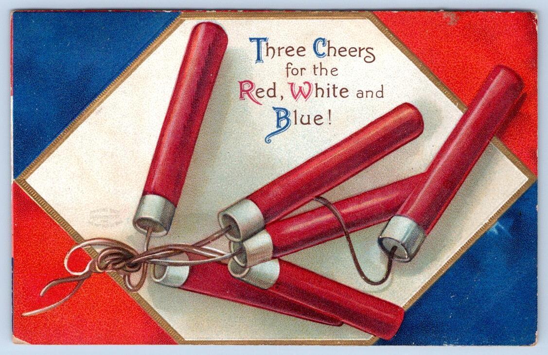 1910's ERA THREE CHEERS FOR THE RED WHITE BLUE EMBOSSED FIRECRACKERS POSTCARD