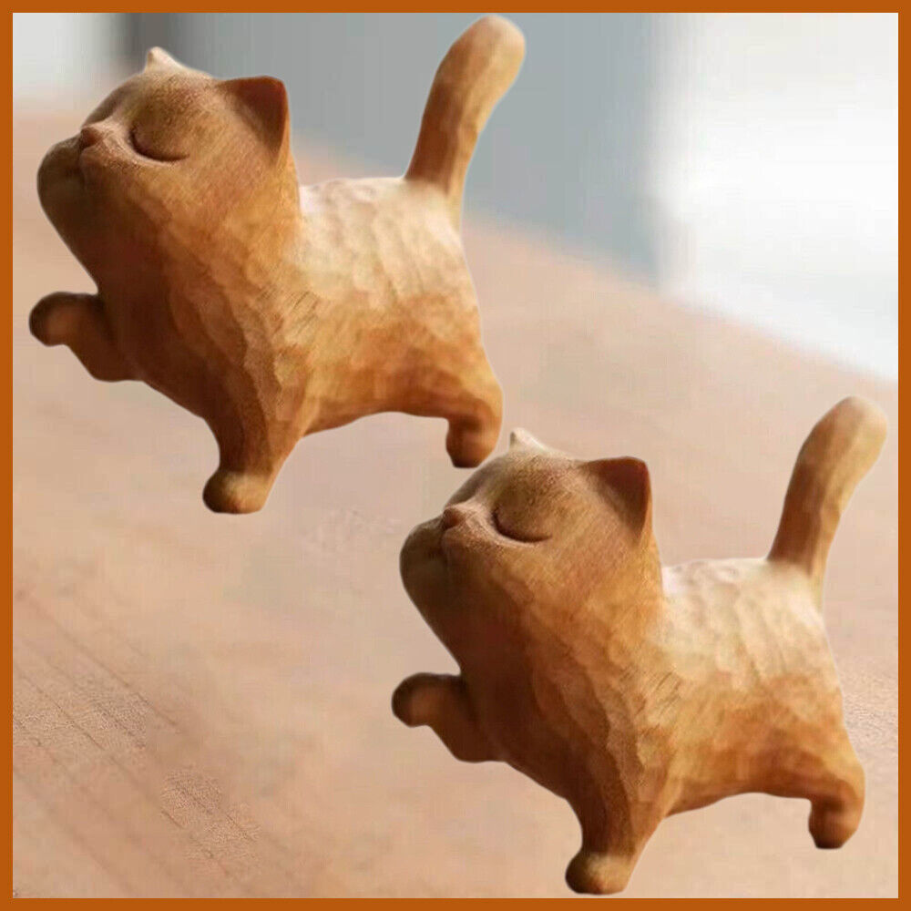 2PCS A tsundere cat Wooden Statue animal Carving Wood Figure Decor Children Gift