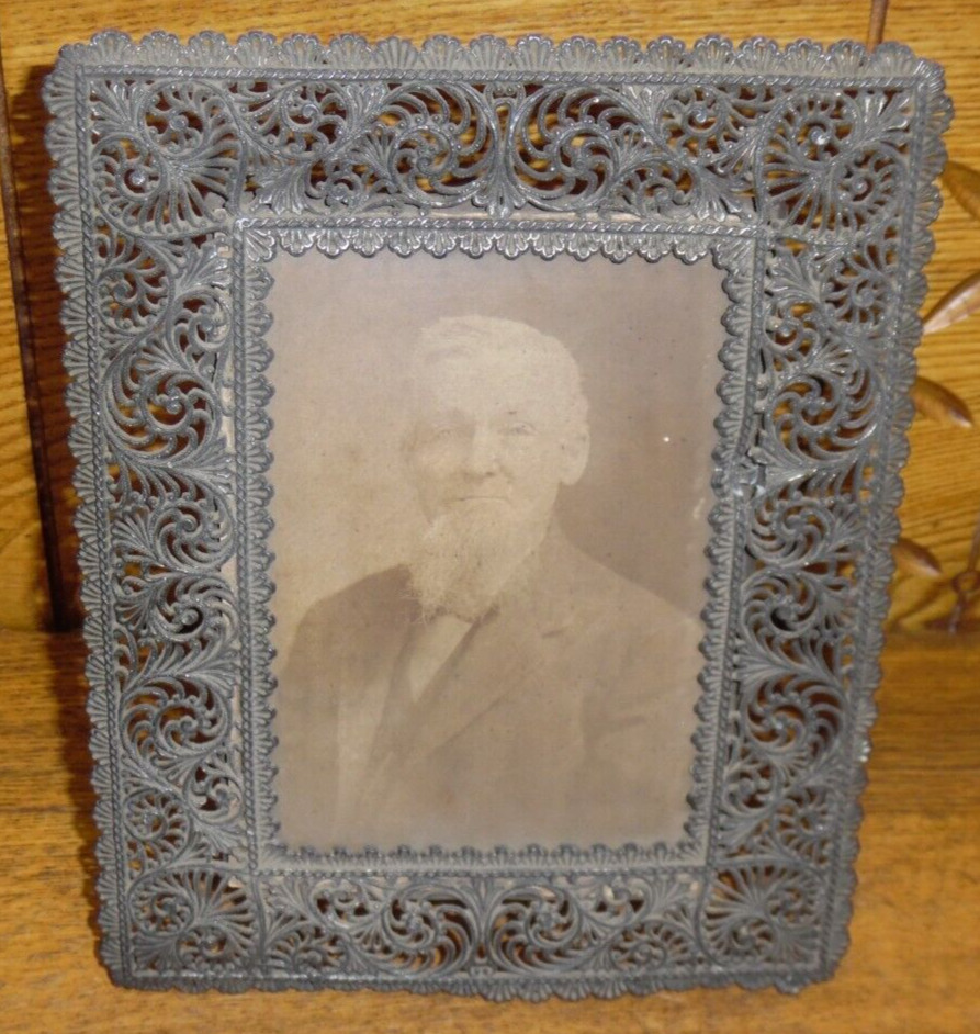 Ornate Antique Tin Picture Frame w/ Photo Of Old Man - 8 3/8\