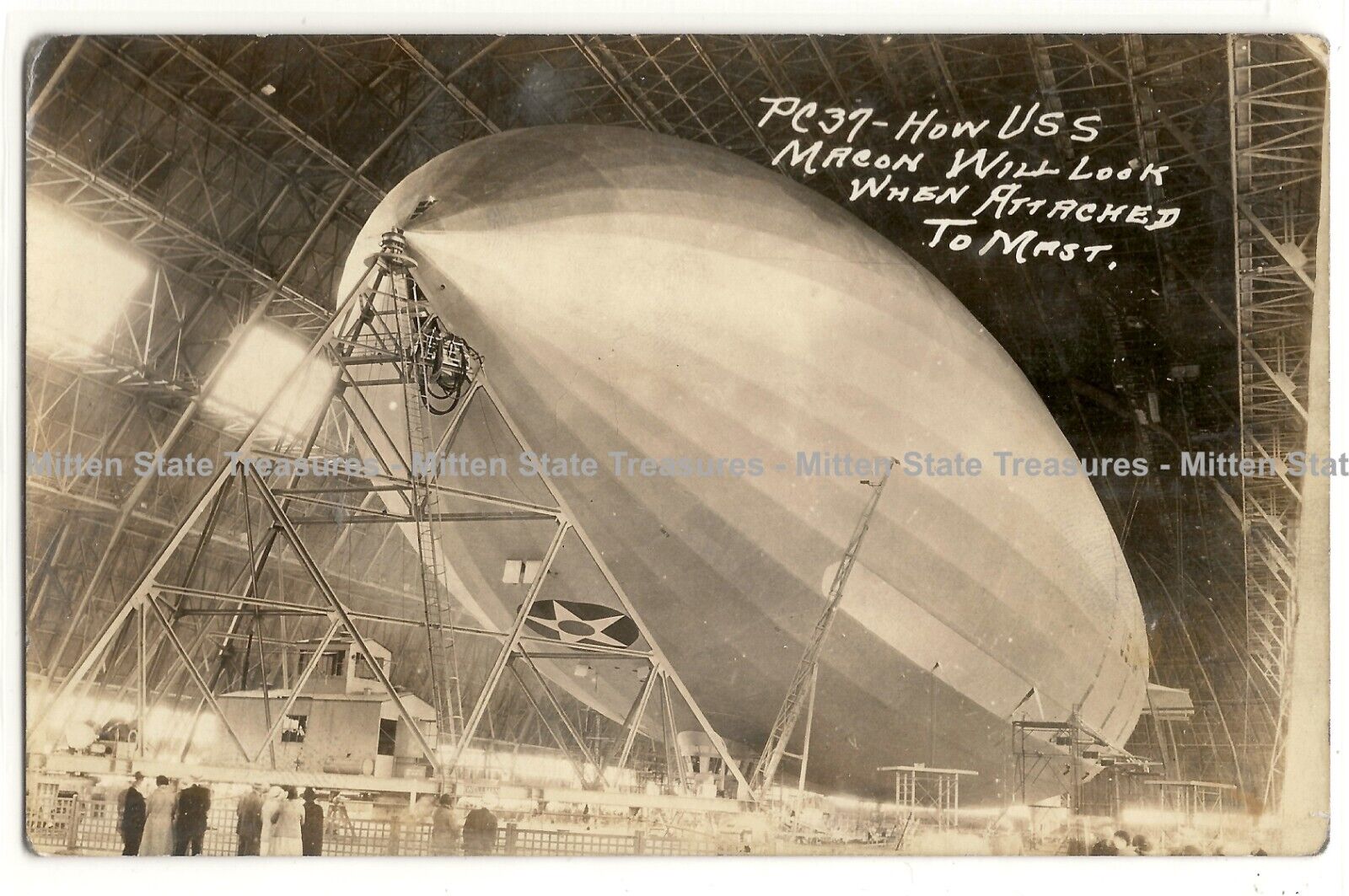 USS Macon blimp, air hangar, Akron, Ohio; history, photo postcard RPPC