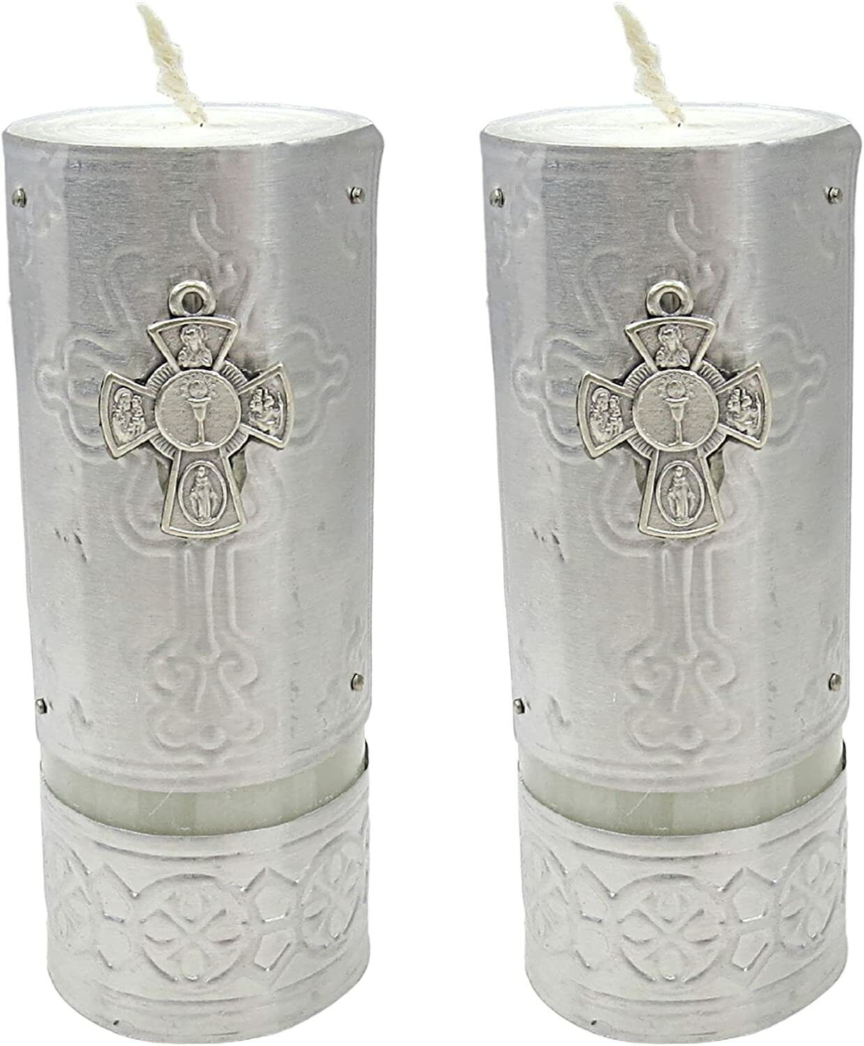 Small Sliver Toned Pillar Candle With Cross Pendant Charm Gift, 2 Pack, 4.5 In
