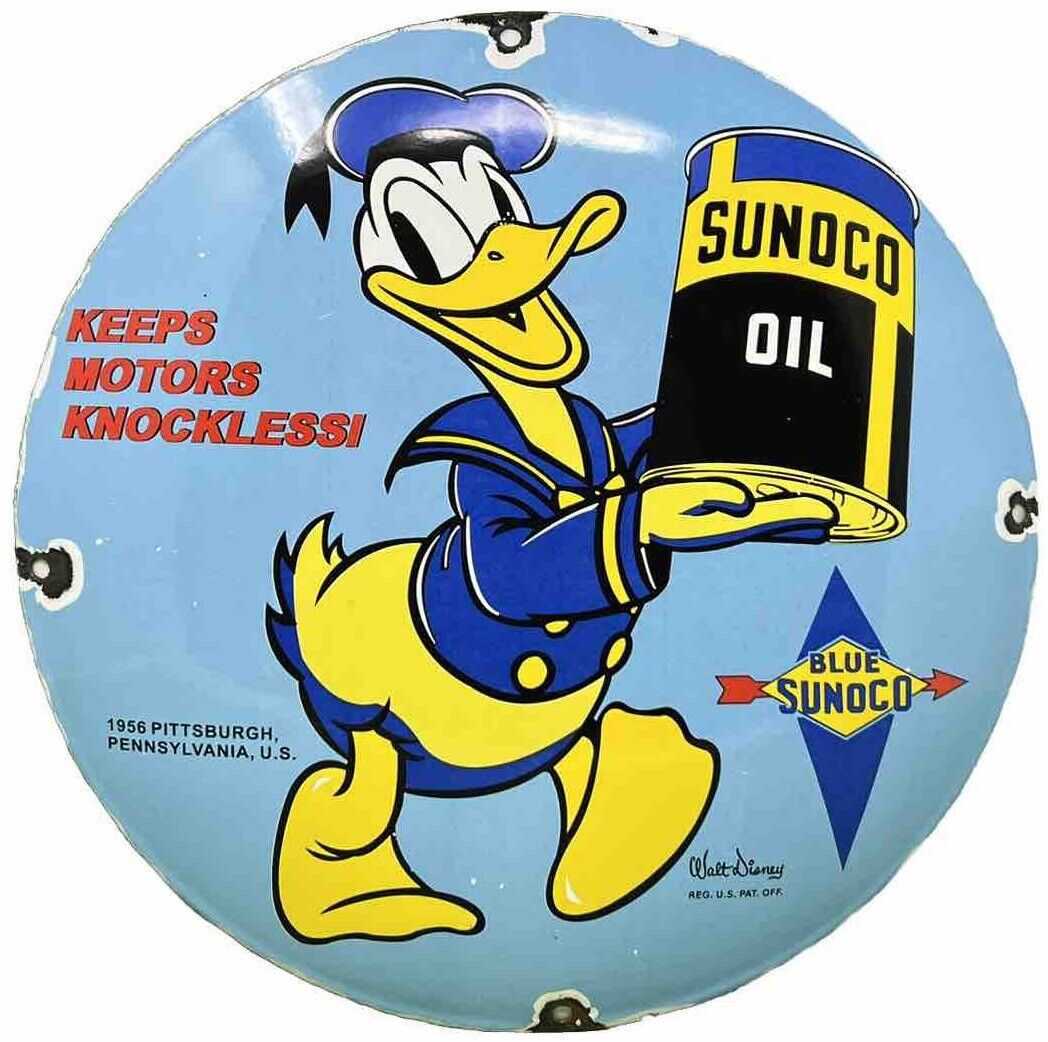 VINTAGE SUNOCO DISNEY DONALD DUCK PORCELAIN SIGN PUMP PLATE GAS STATION OIL