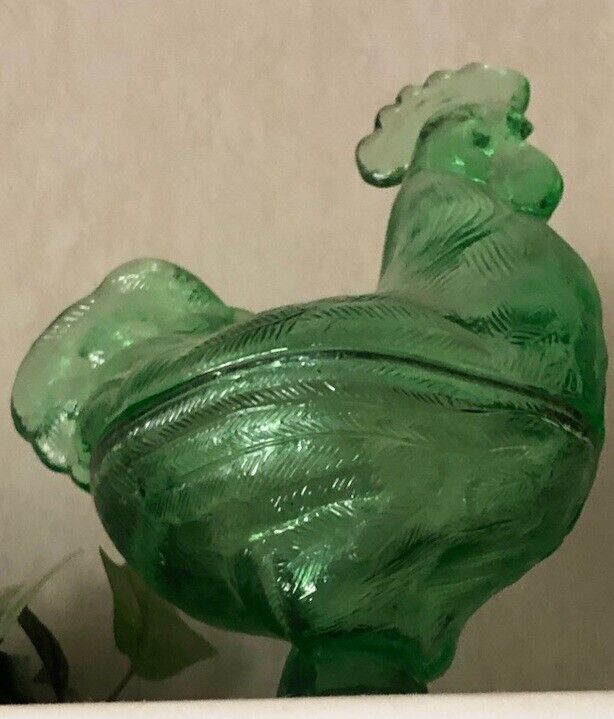 Unmarked green glass chicken hen rooster candy dish bowl 2 piece farm decor