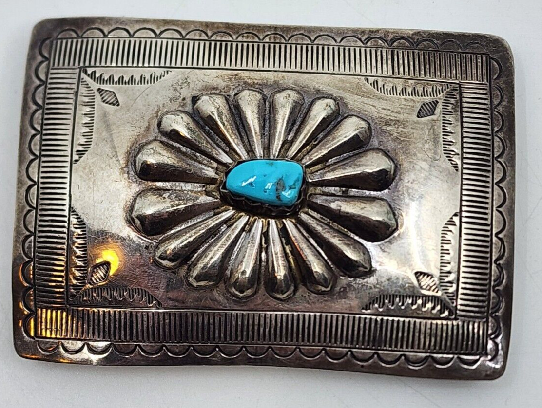 Signed Native Navajo Sterling Silver Turquoise Concho Design Belt Buckle Kingman