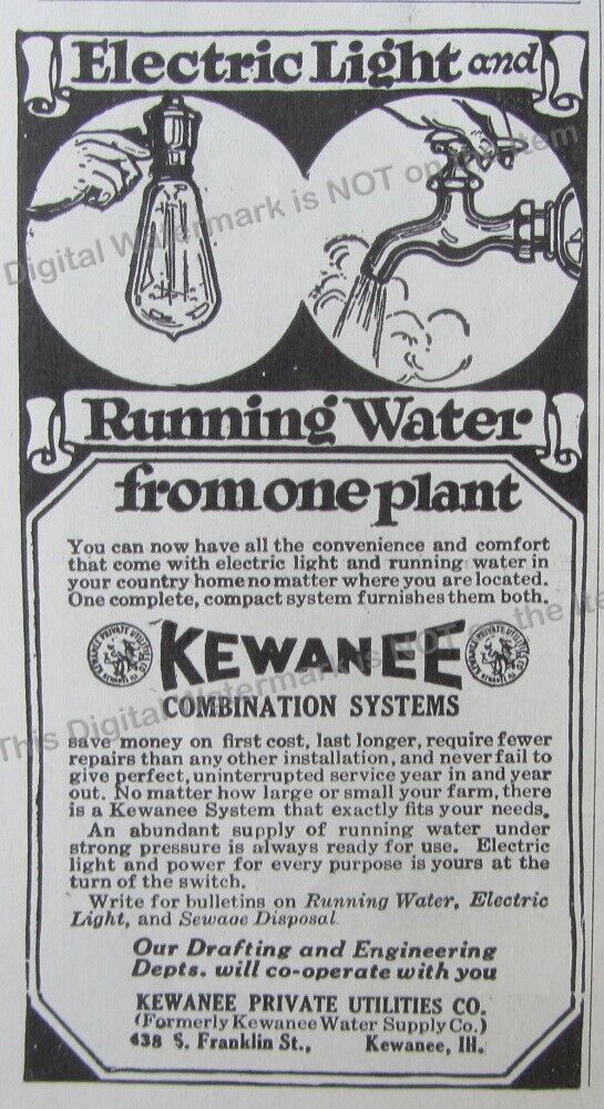 1919 Ad Kewanee Combination Systems Running Water Electricity Utilities Illinois