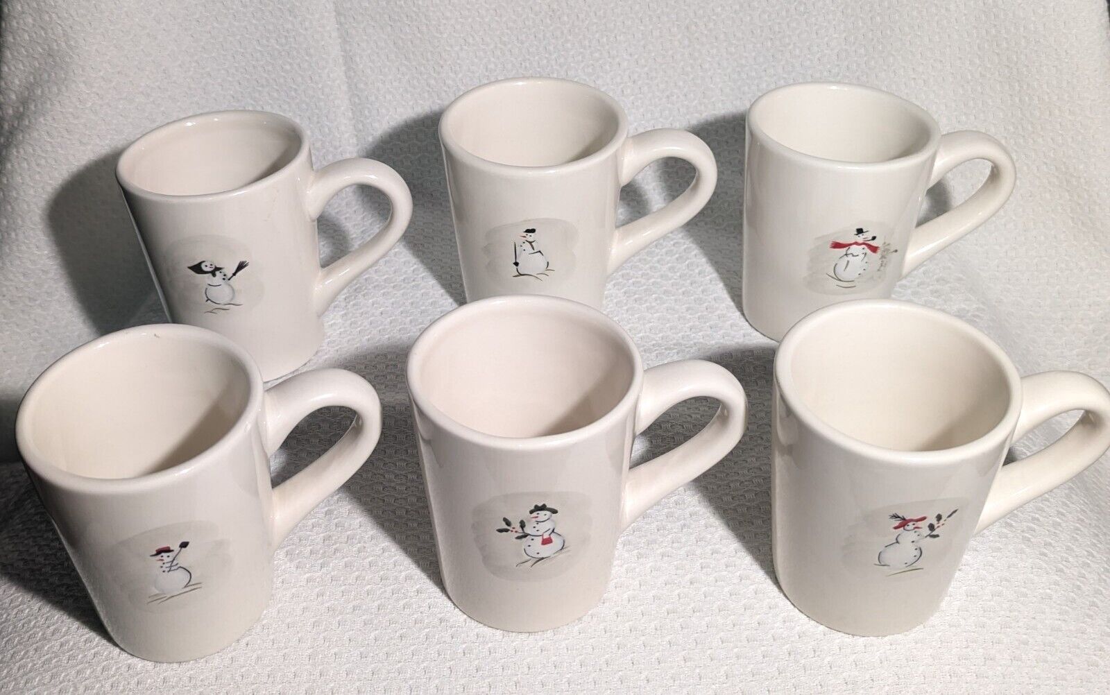 Williams Sonoma White Snowman Mugs/Cups Holiday Christmas Winter Set of 6 (10oz)