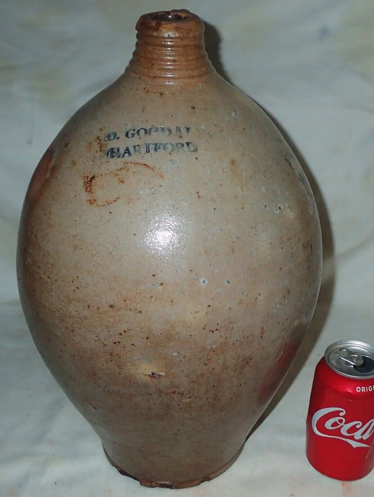 ANTIQUE 1840\'s USA COUNTRY PRIMITIVE  OVOID STONEWARE JUG D. GOODALE HARTFORD CT