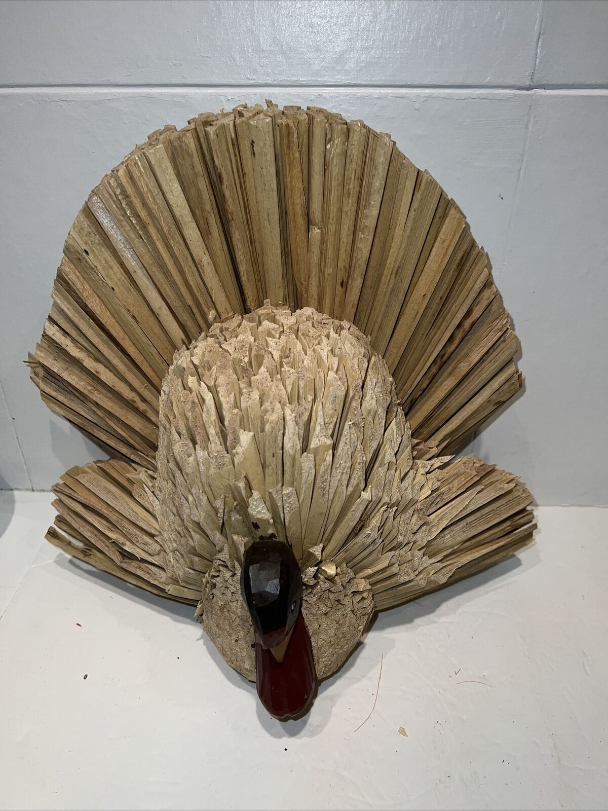Thanksgiving Turkey Table Decor Hand Carved Wood Head Bamboo Reeds ? Body 12\
