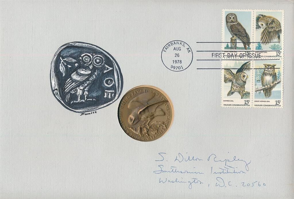 Sidney Dillon Ripley-Hand Painted Signed First Day Cover w/Coin-Conservationist