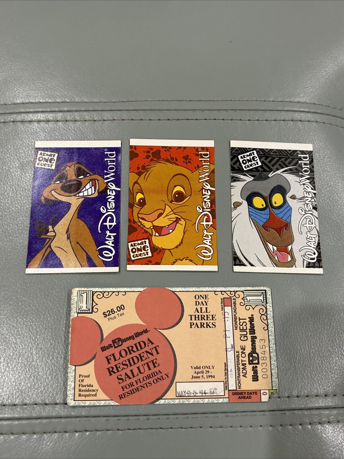 4 Vintage Walt Disney World 1998 & 1994 Guest Pass Park Hopper Tickets Lion King