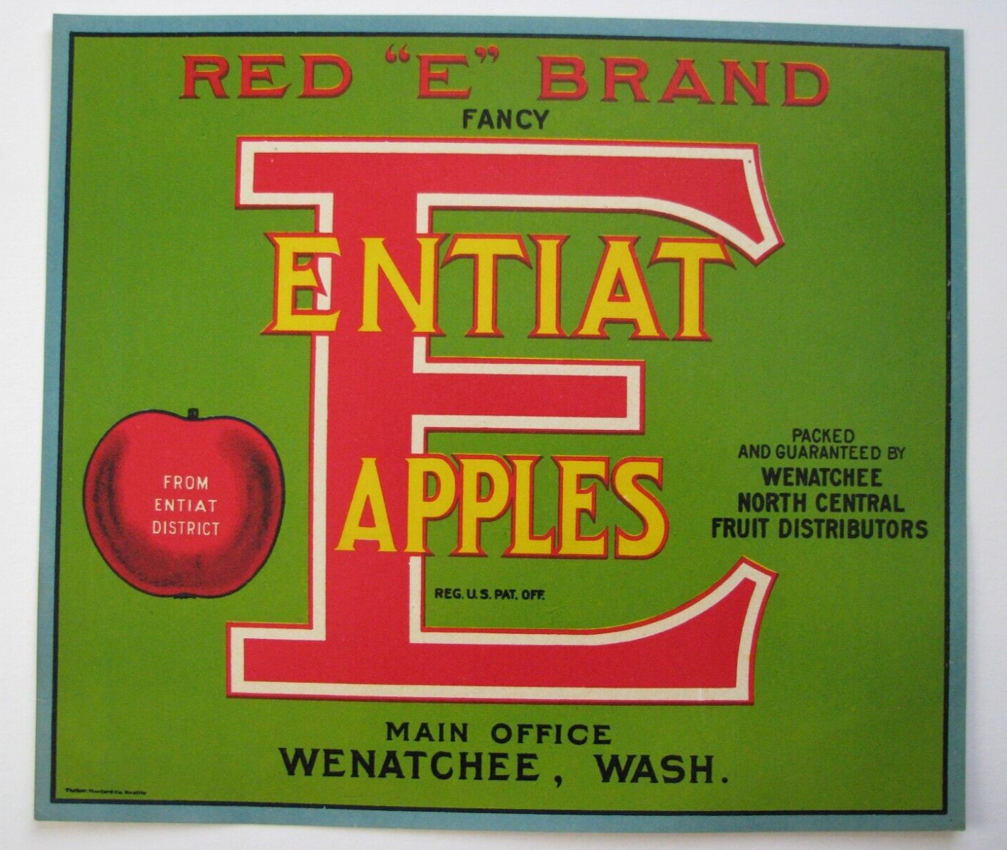Original RED E apple crate label Entiat District Wenatchee North Central Fruit
