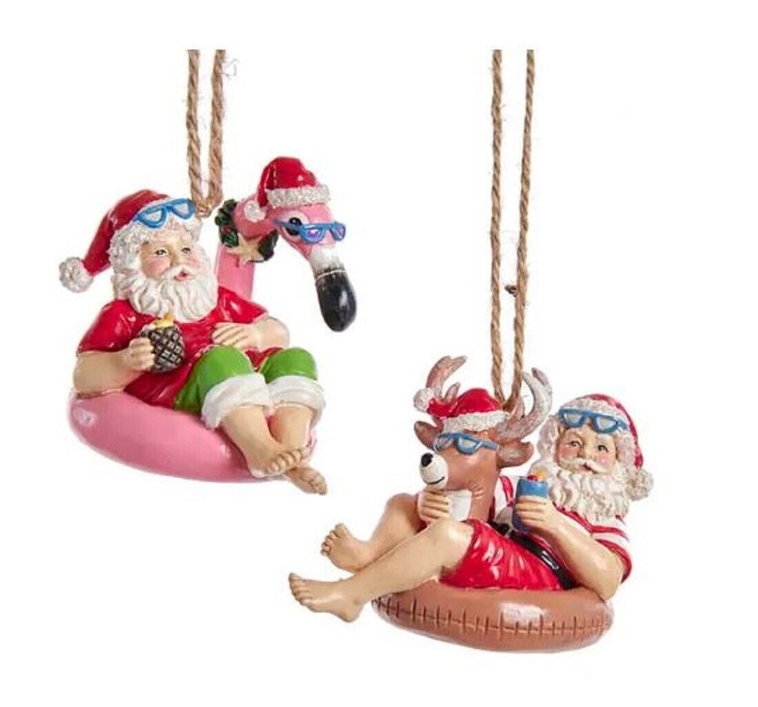 Beach Santa on Flamingo and Reindeer Floats Christmas Holiday Ornaments Set of 2