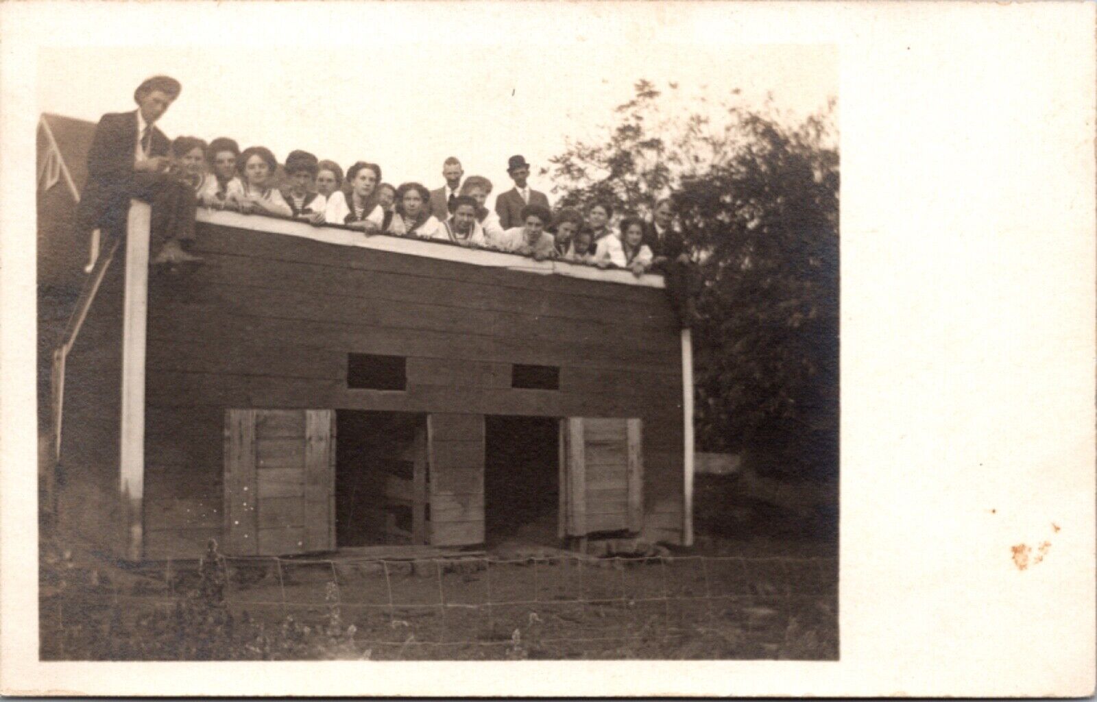 Real Photo Postcard Large Group of People Men and Women Over Barn Chicken Coop