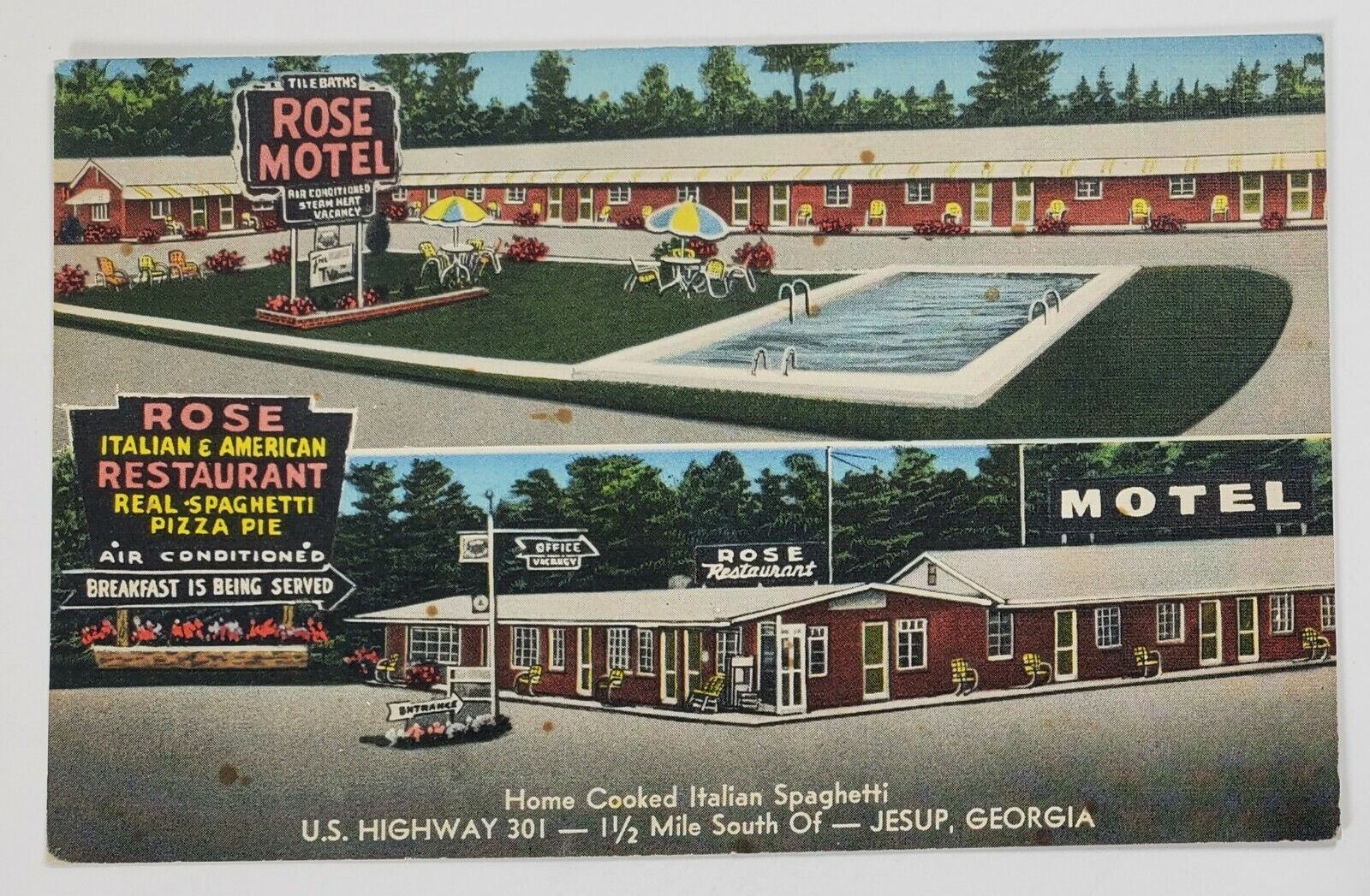 GA Rose Motel & Restaurant Jesup Georgia Roadside Postcard Q18