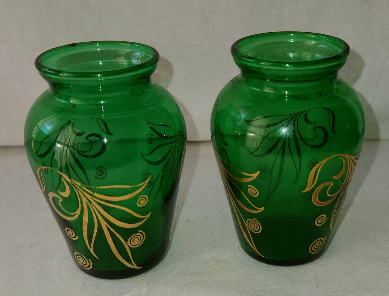 VINTAGE Anchor Hocking Emerald Green with Gold Gilding Bud Vases (set of 2)