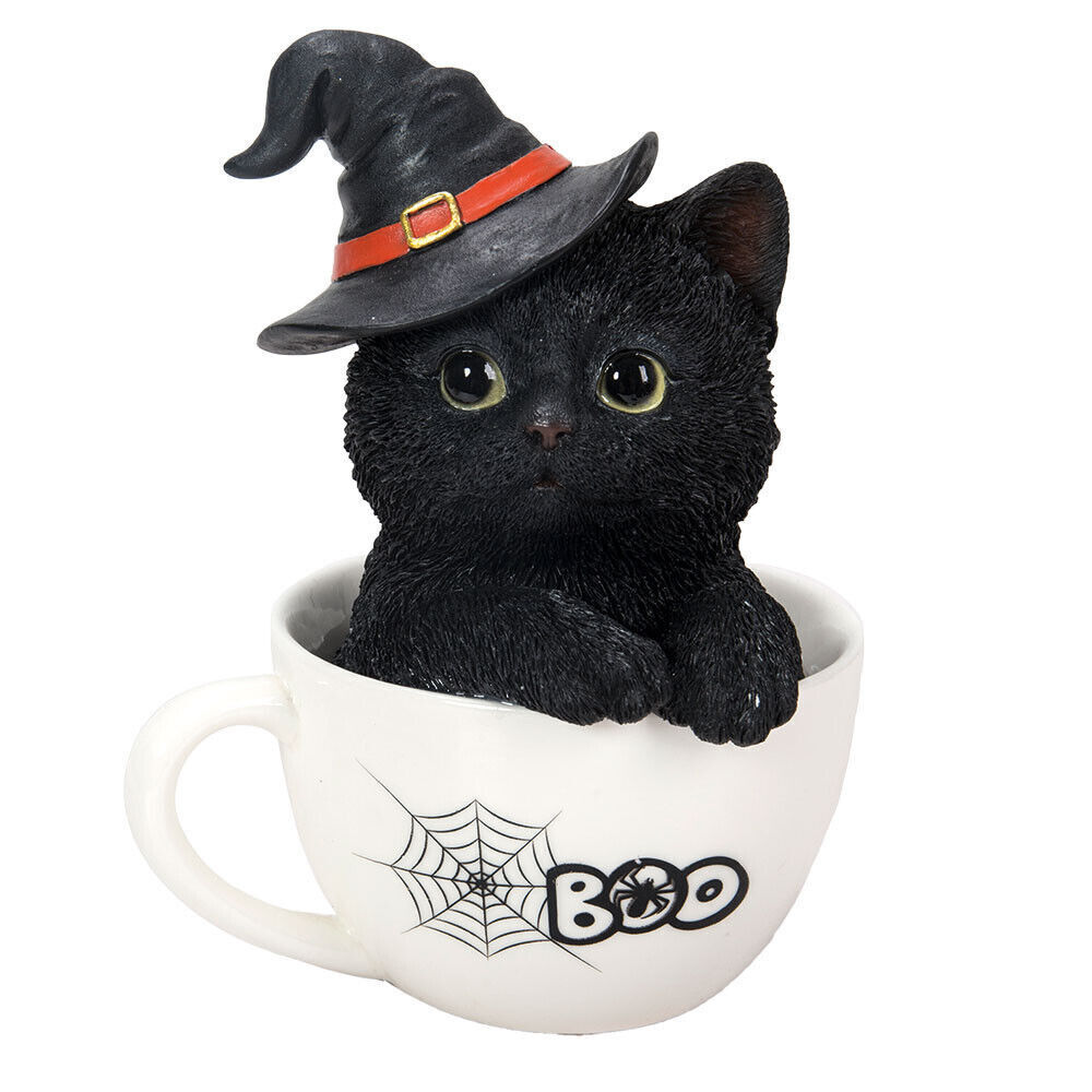 PT Halloween Black Kitten in a Tea Cup Figurine