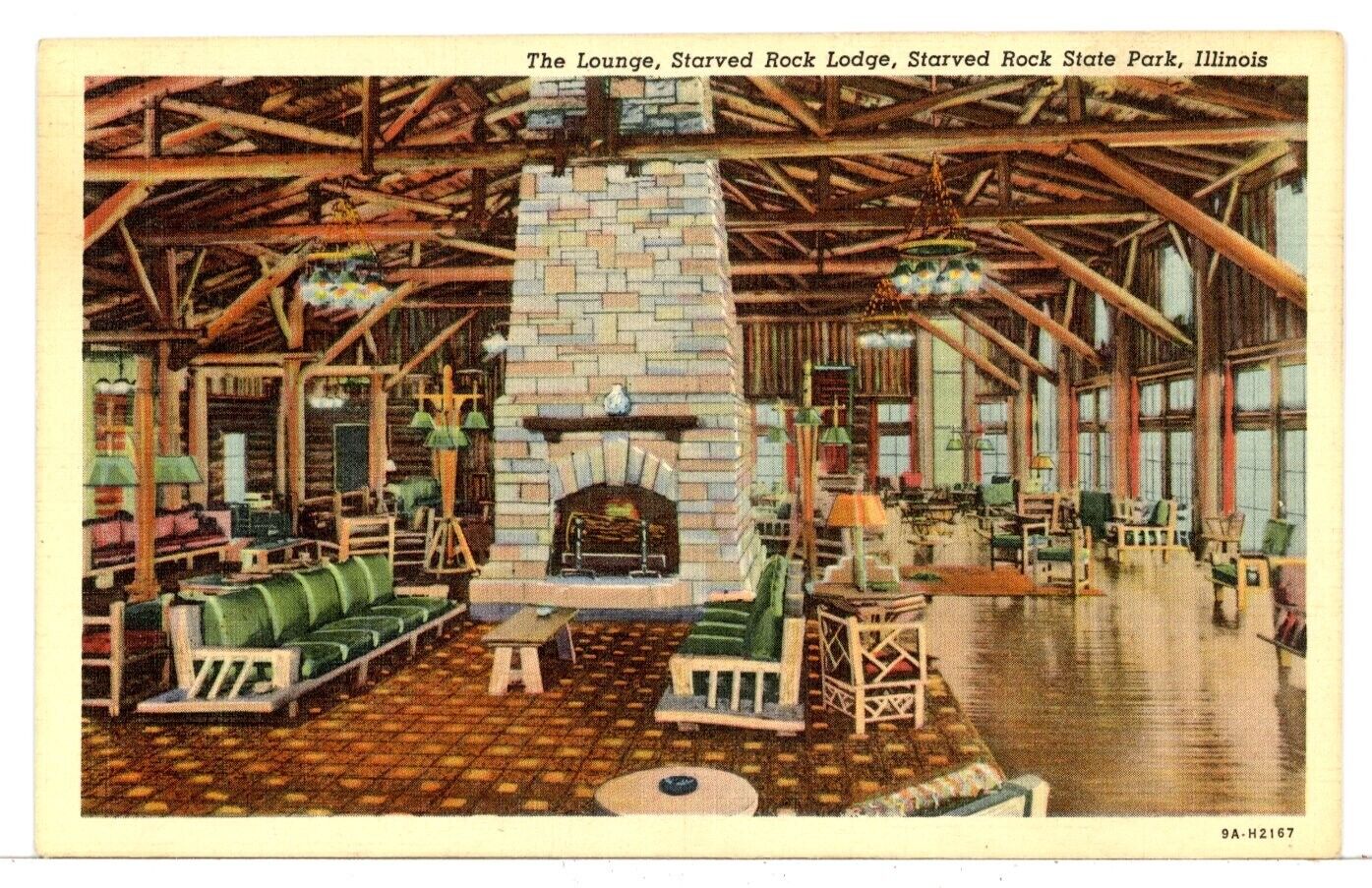 1949 The Lounge, Starved Rock Lodge, Starved Rock State Park Oglesby IL Postcard