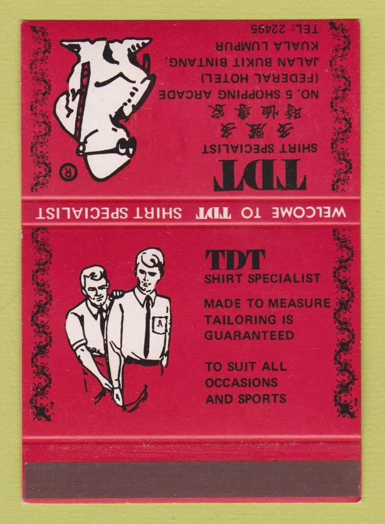 Matchbook Cover - TDT Shirts Clothes Kuala Lumpur SAMPLE 40 Strike