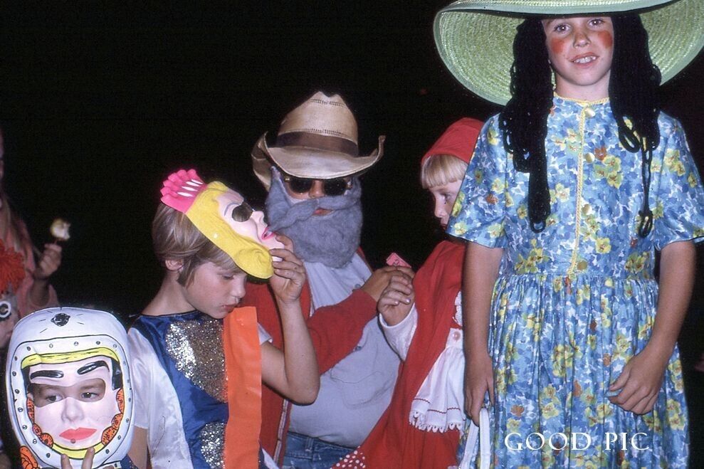 #J80- f Vintage 35mm Slide Photo- Halloween Carnival- Boys-Girls - 1968