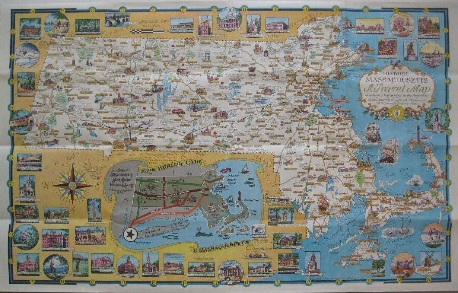 1964 Pictorial Map MASSACHUSETTS Ernest Dudley Chase Worlds Fair Covered Bridges