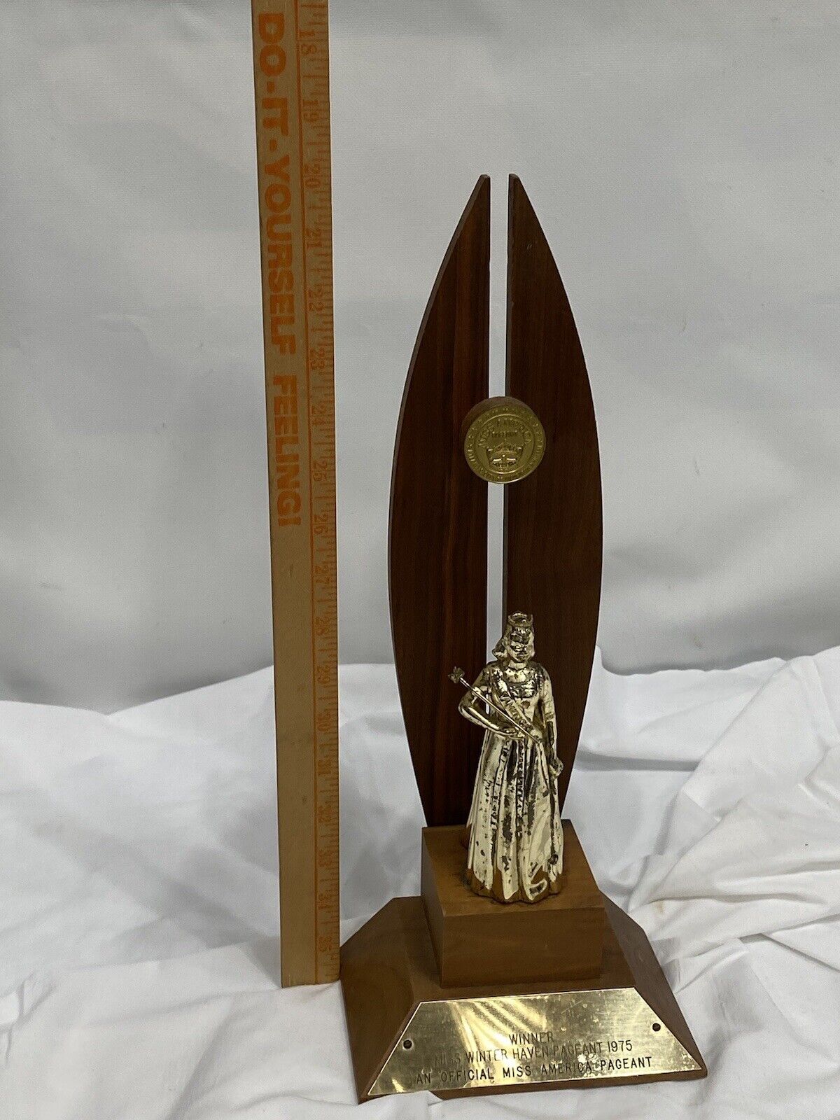 1975 Vintage Miss America Winter Haven Florida Wooden Base Pageant Trophy