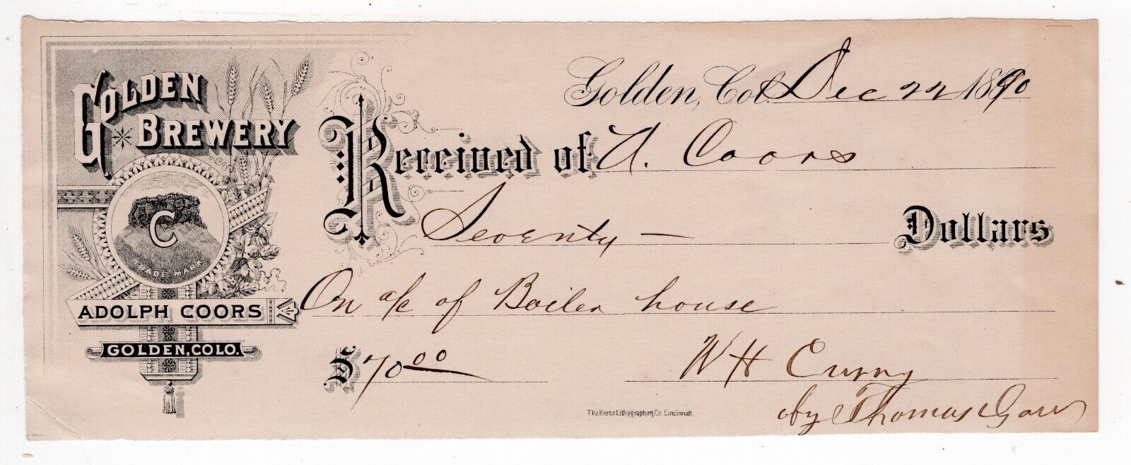 1890 Golden Brewery Company Check to Adolph Coors Founder SCRACE