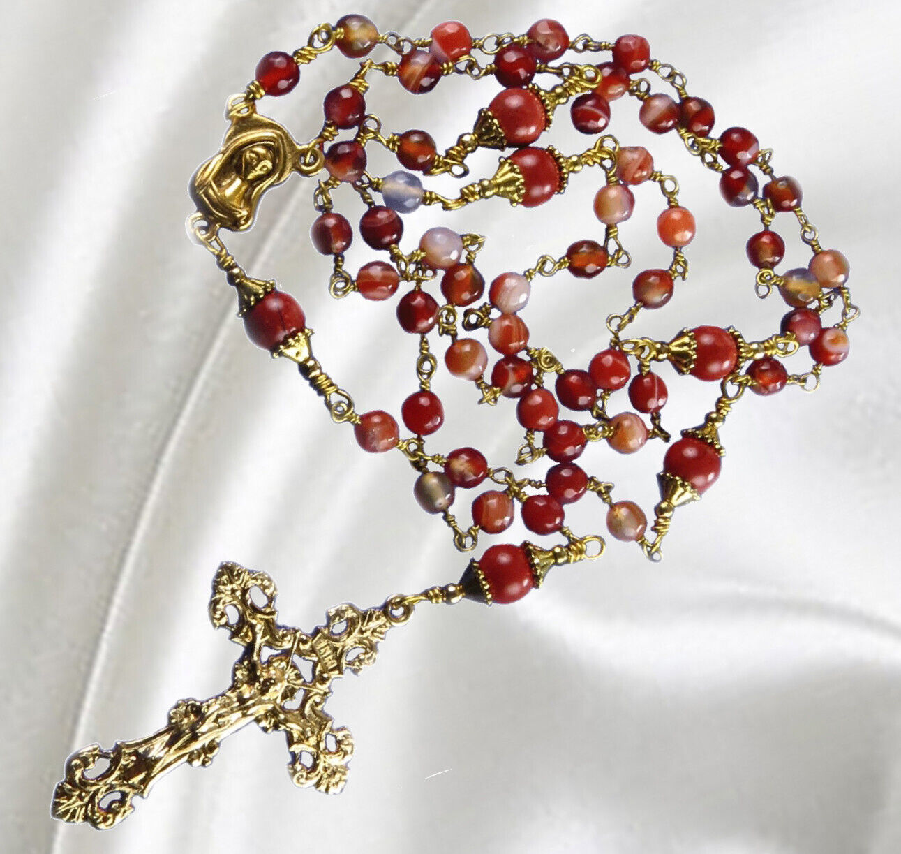 Catholic Unbreakable Handmade Rosary, Red Agate & Red Jasper Stone Beads