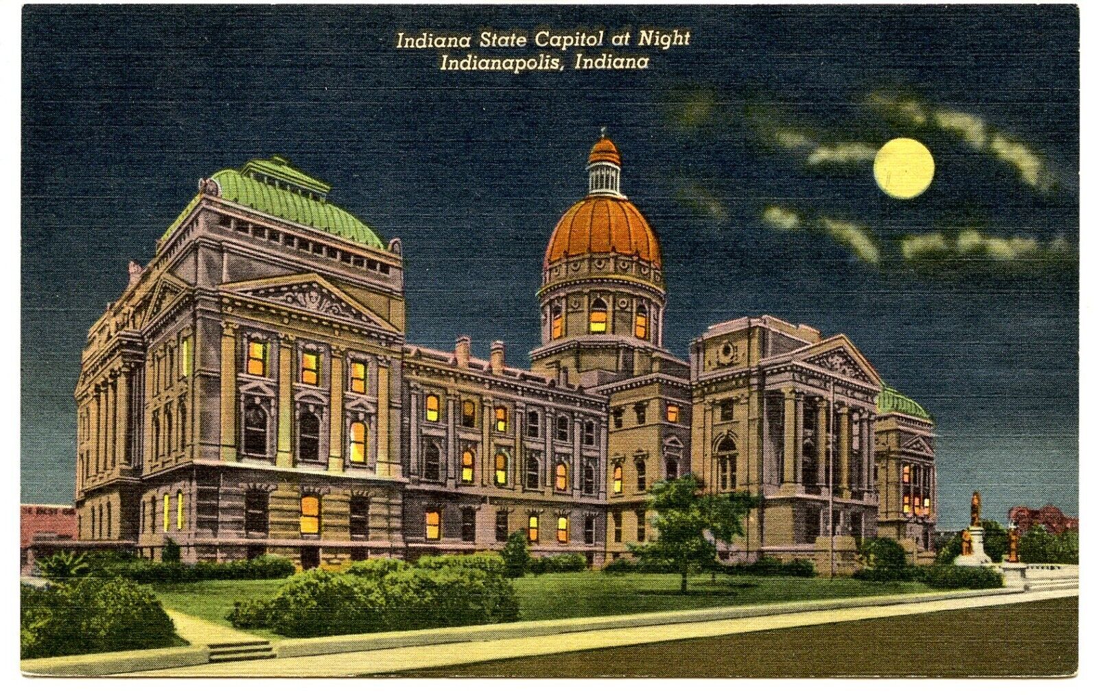 Indiana State Capital Night Indianapolis Indiana Vintage Linen Postcard Unposted