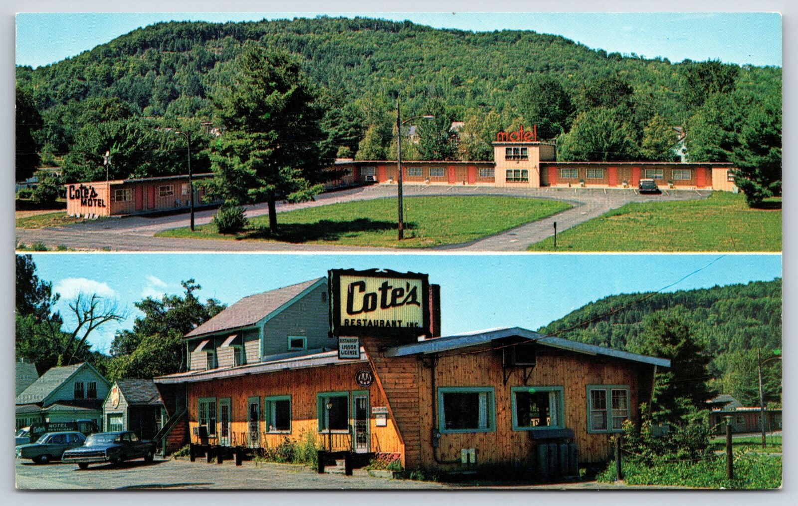 Claremont New Hampshire~Roadside Cotes Restaurant & Motel~Splitview~1960s PC