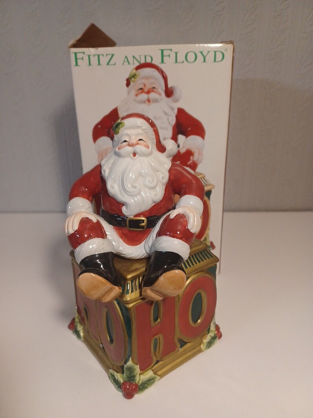 2003  Fitz & Floyd HO HO HO Ceramic Santa Lidded Box Handcrafted Original Box 