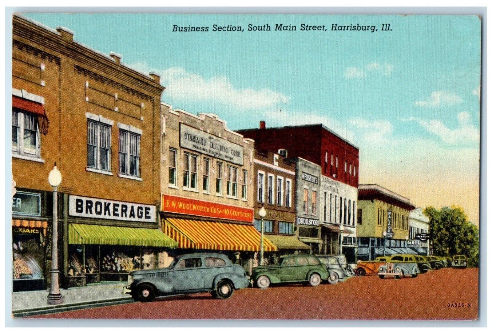 c1940 Business Section South Main Street Brokerage Harrisburg Illinois Postcard