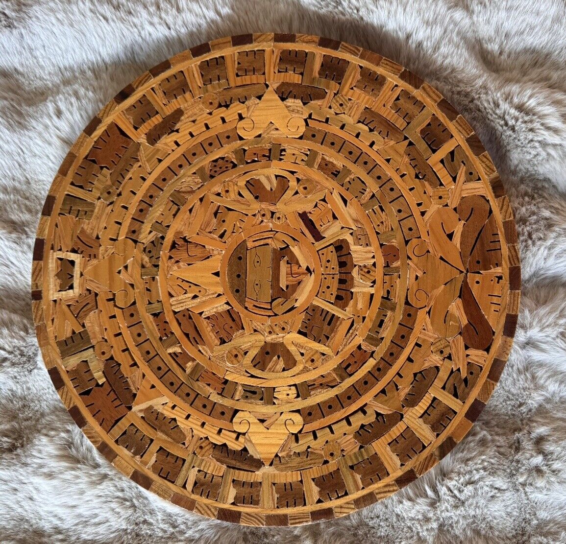 Vintage Wooden Aztec Mayan Mexico Calendar Hand Carved Inlay Wood Art Mexican 