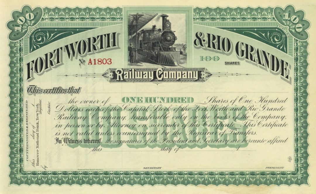 Fort Worth and Rio Grande Railway Co. - circa 1900\'s Unissued Texas Railroad Sto