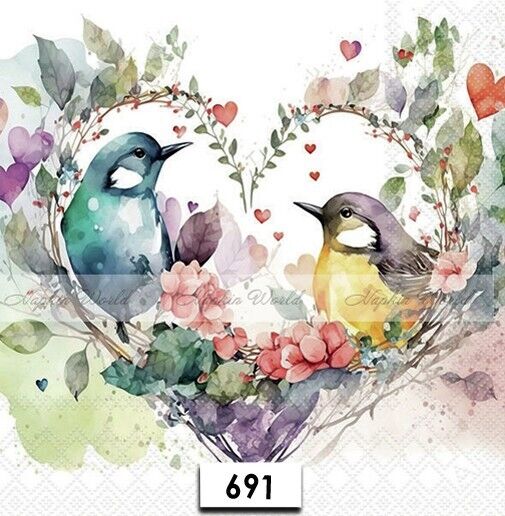 (691) TWO Paper LUNCHEON Decoupage Art Craft Napkins - BIRDS LOVE VALENTINE PAIR