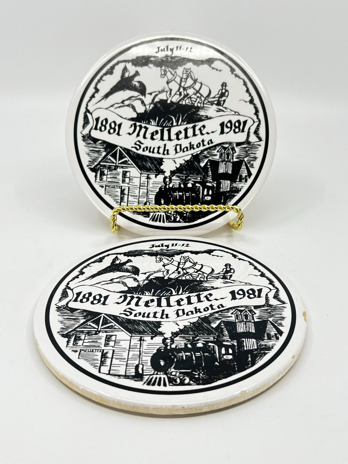 2 VTG Matching Trivets celebrating Mellette, South Dakota 1881-1981 Hot Plate SD