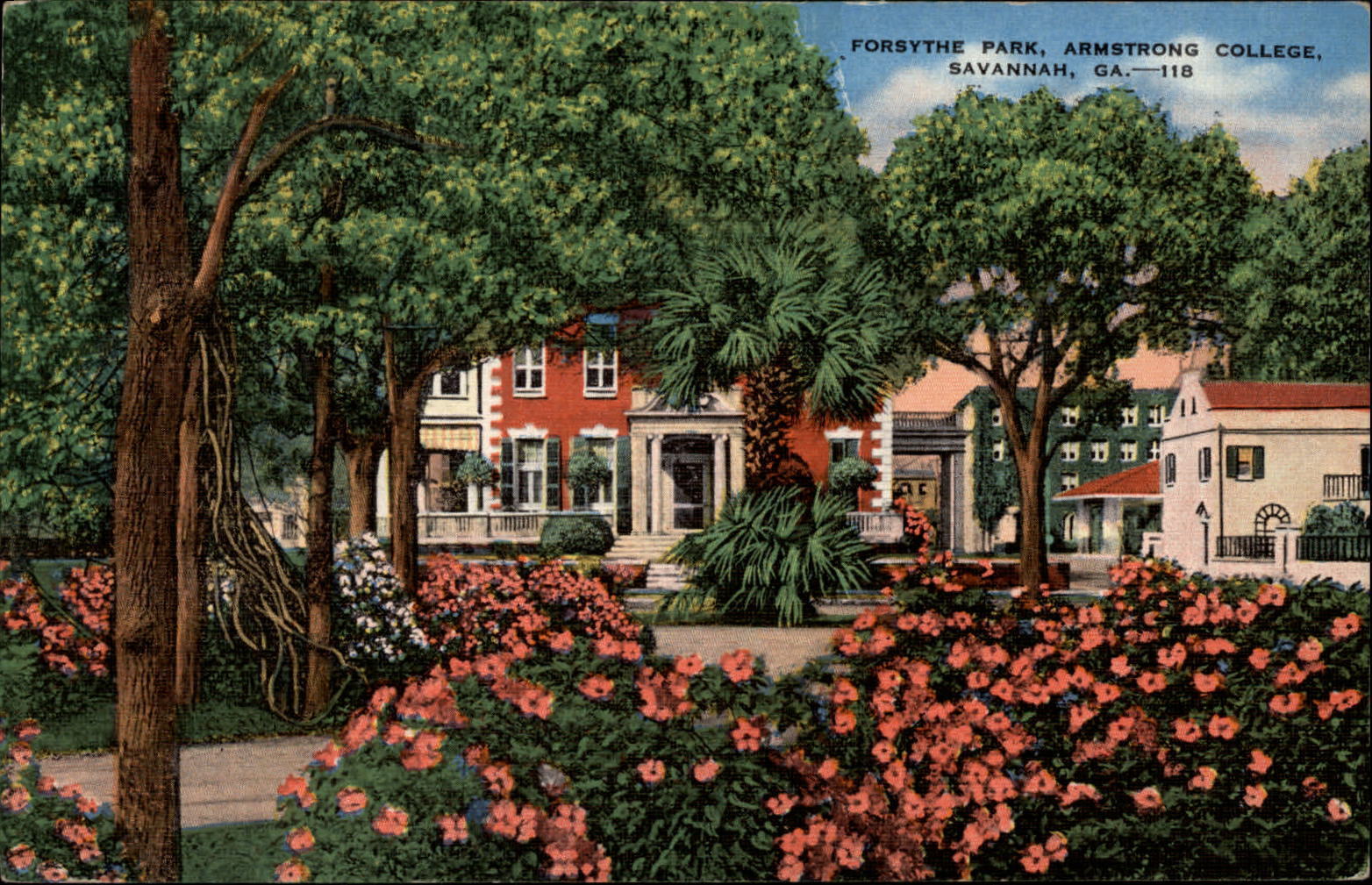 Forsythe Park Armstrong College Savannah Georgia ~ 1940s linen postcard