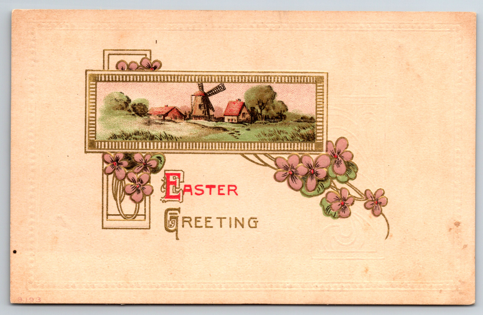 c1930s Easter Greeting Embossed Pink Flower Windmill Town Vintage Postcard