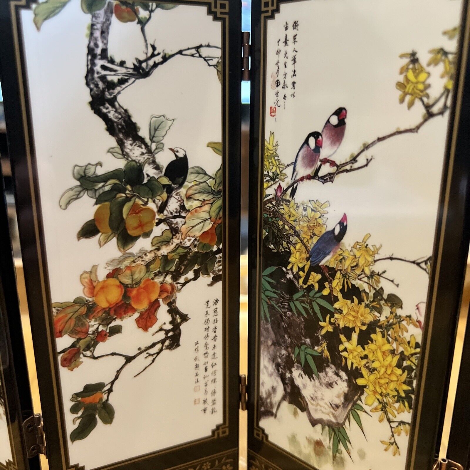 Asian Screen Small Size Bamboo Birds Calligraphy Art Chinese Zen Lacquer