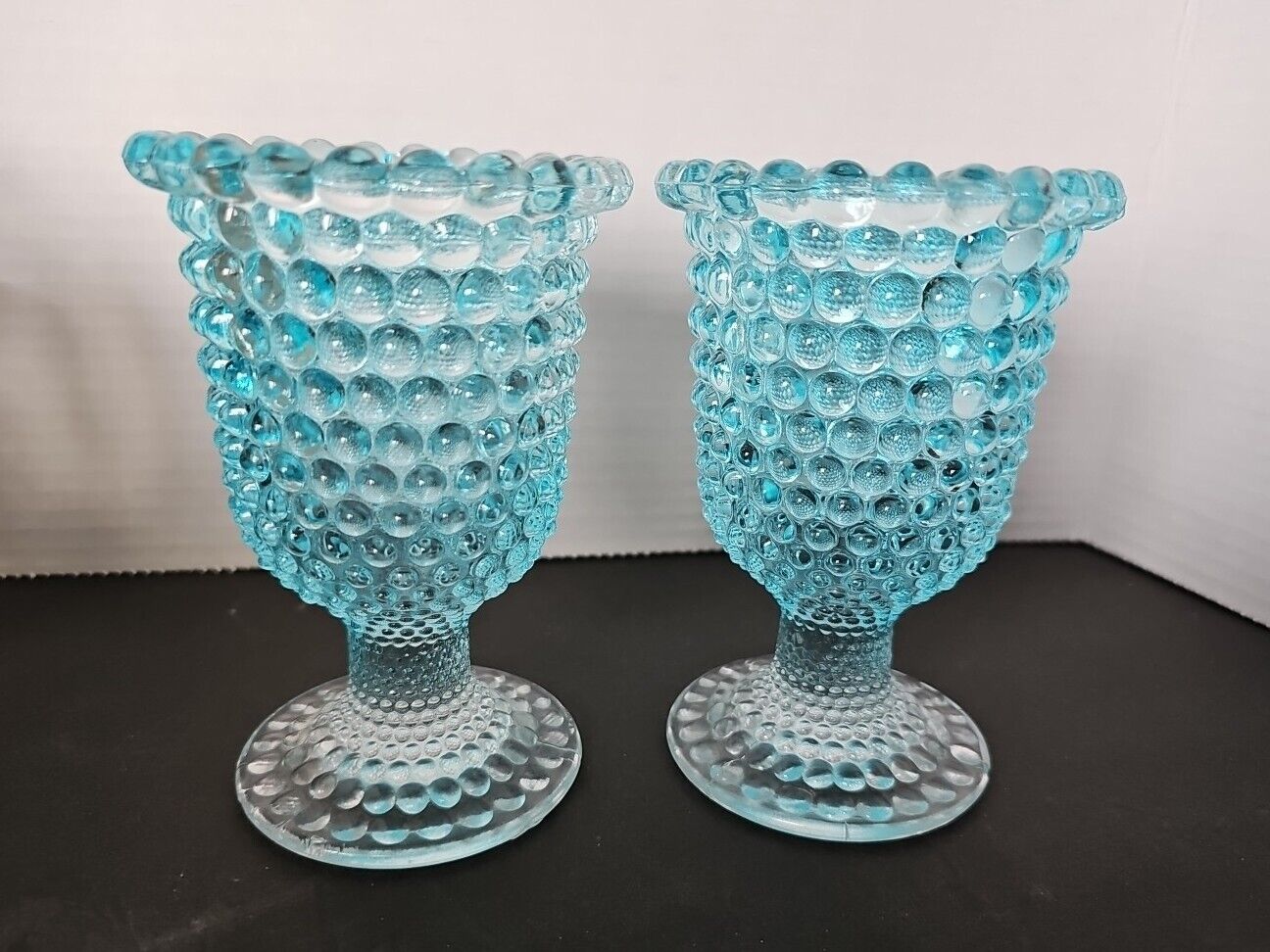 Vintage 2 Set Light Blue Hobnail Bubble Glass Candle Holder Goblets  Holder 4\