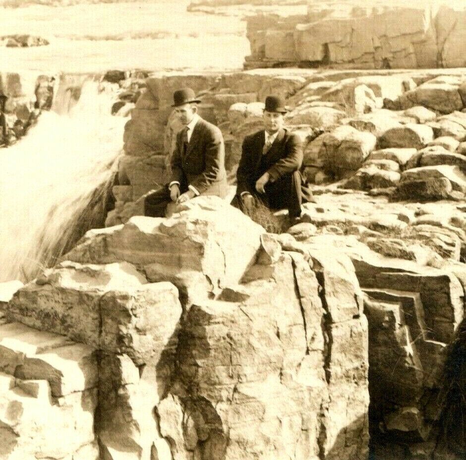 c1900s Waterfall Men in Suits RPPC Sit on Rocks Real Photo Postcard A1