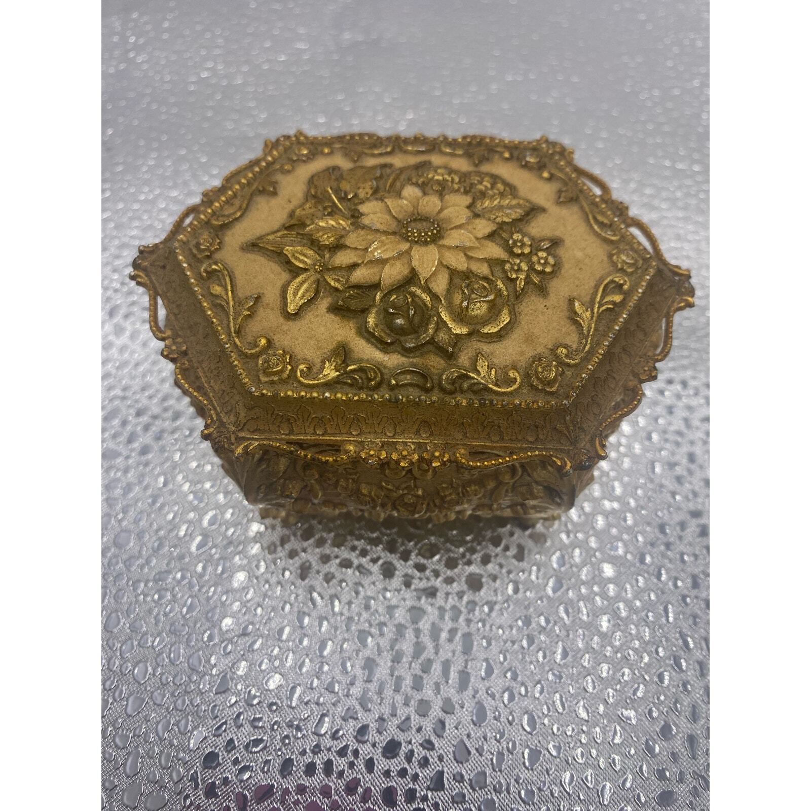 Vintage Hexagonal Jewelry Trinket Antique Gold Tones Box