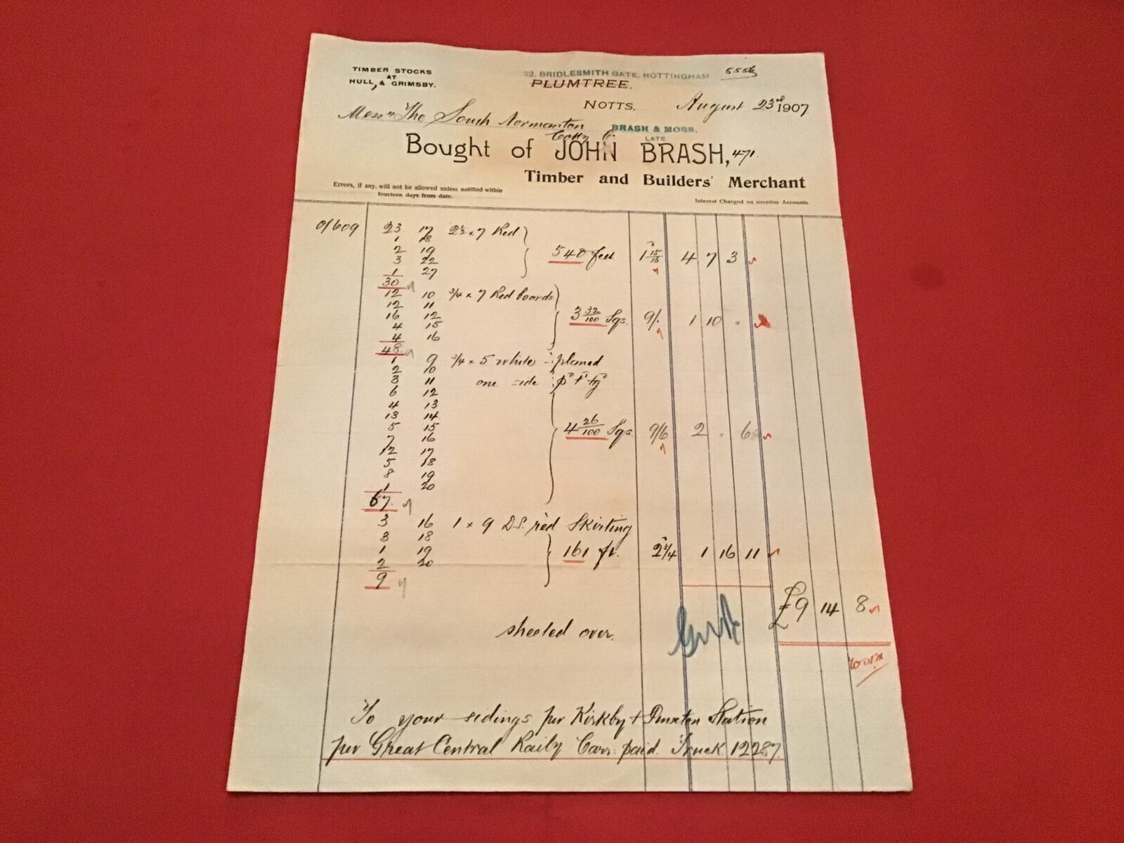 John Brash Nottingham 1907 Timber & Builders Merchant Red Boards  receipt R35811