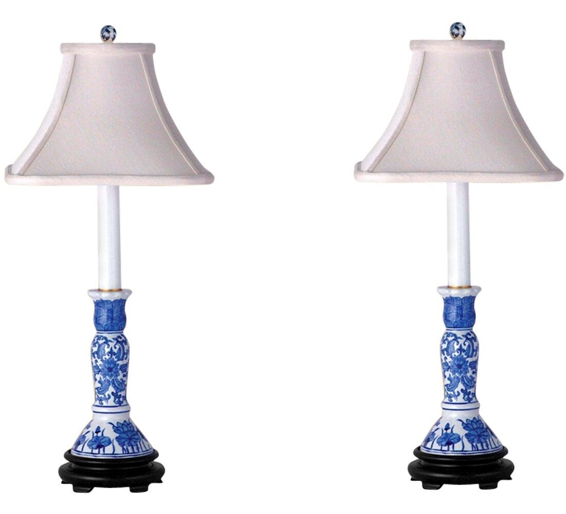 Blue and White Pair of Porcelain Candlestick Holder Table Lamp 25\