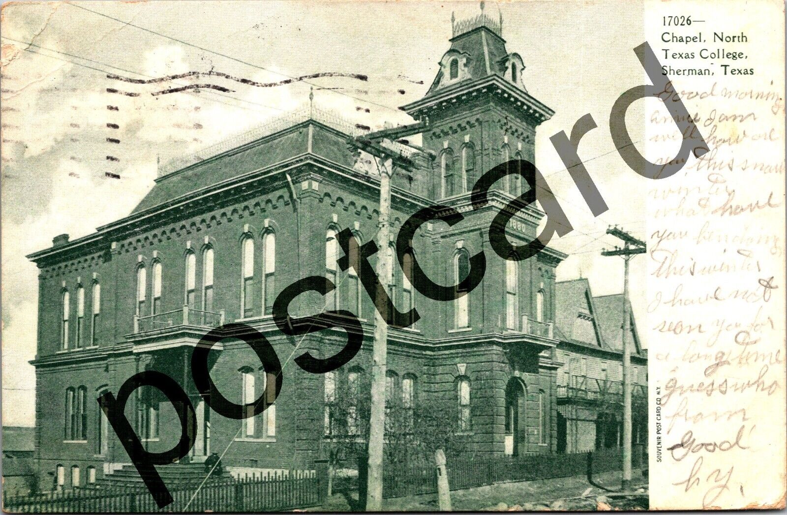 1909 Chapel, North Texas College, SHERMAN, TEXAS, Souvenir Co. postcard jj243