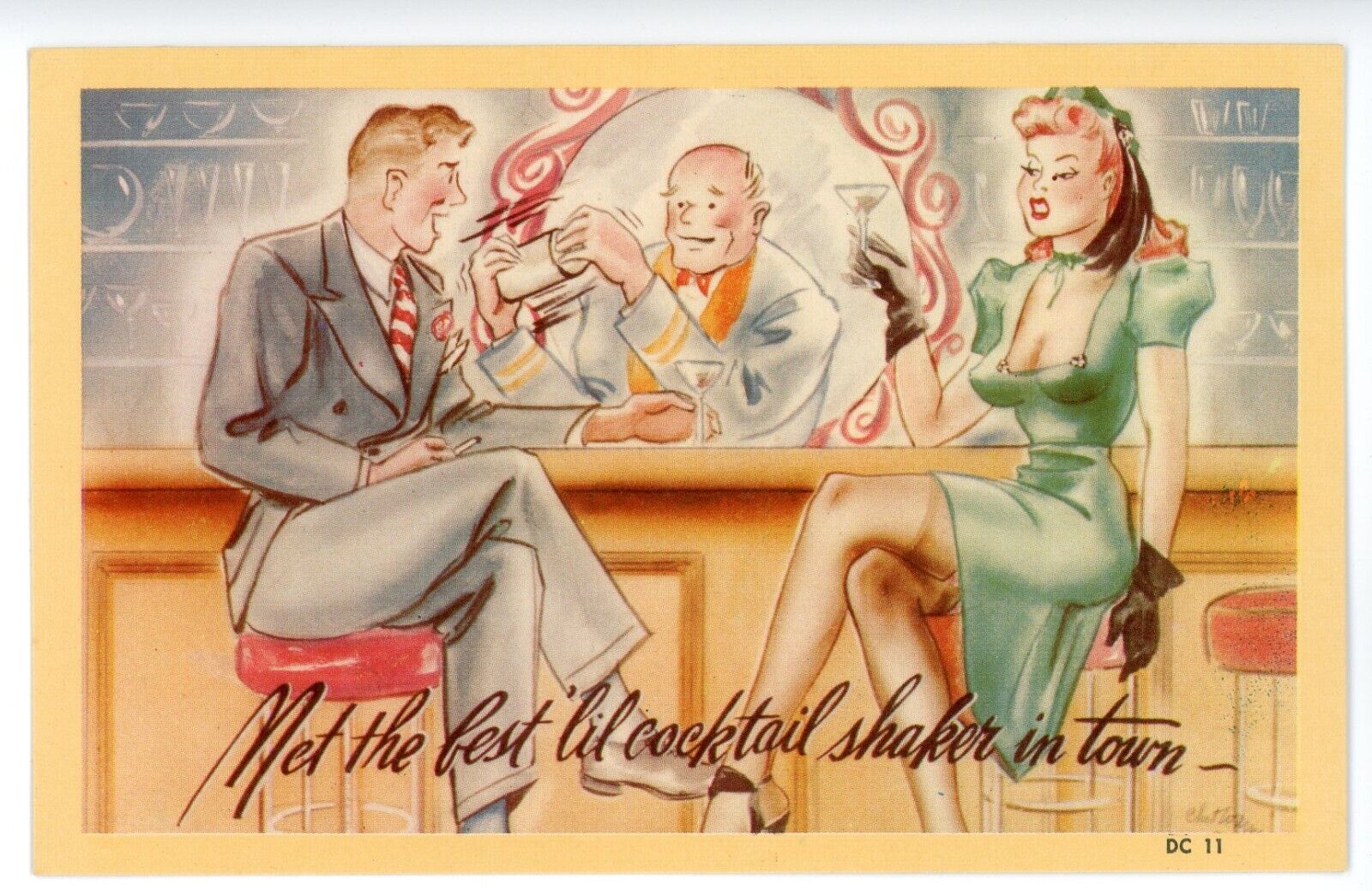 Vintage Postcard Comic Risqué Met the Best \'Lil Cocktail Shaker in Town Linen
